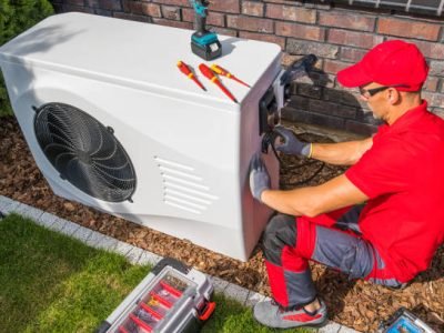 Professional Middle Aged HVAC Technician in Red Uniform Repairing Modern Heat Pump Unit. House Heating and Cooling System Theme.